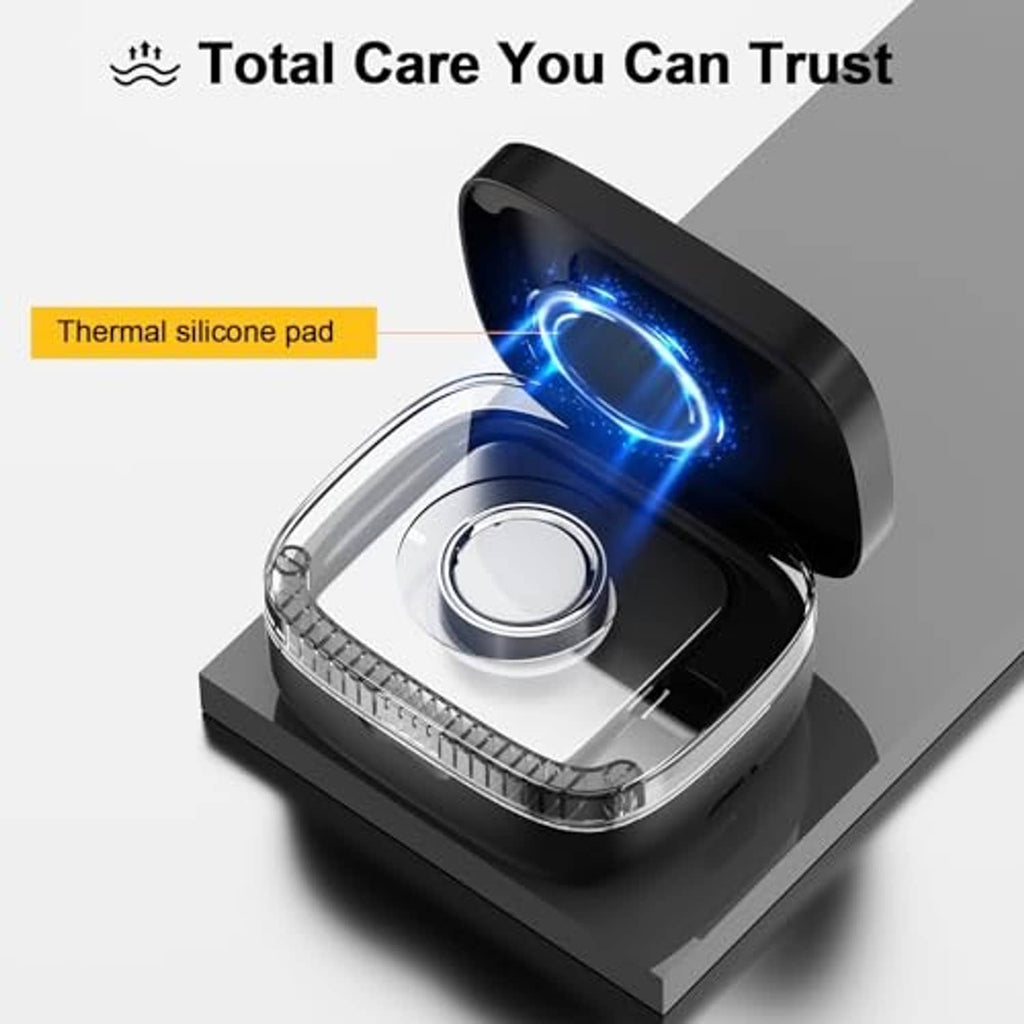 Black wireless charging case with blue illuminated charging ring inside