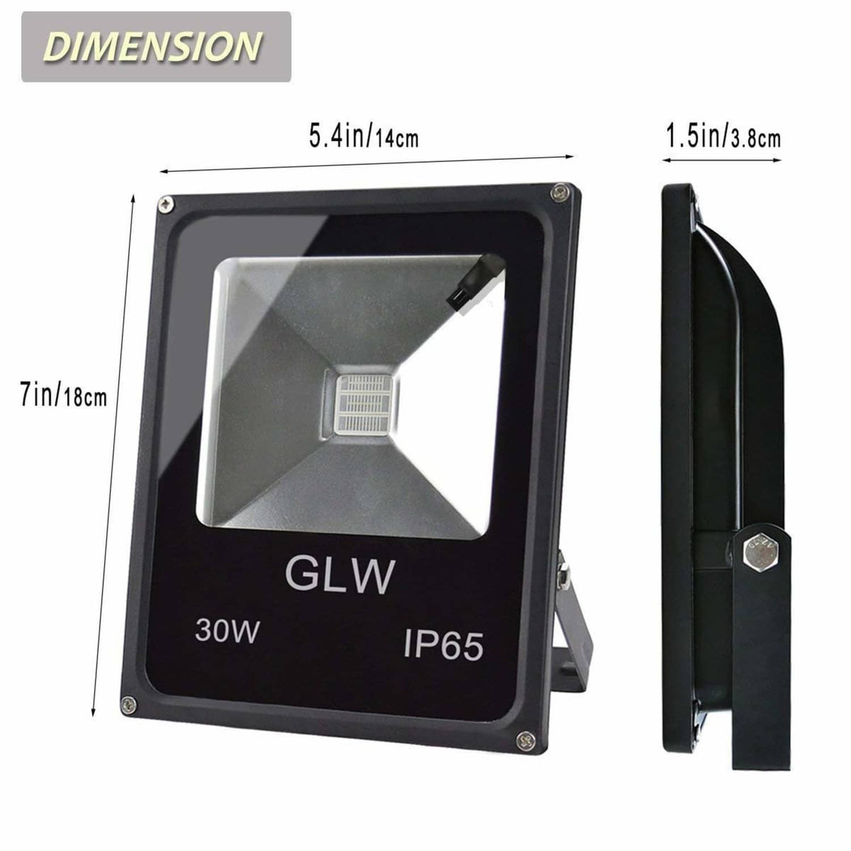 Black RGB LED flood light with 30W rating and side-view dimensions