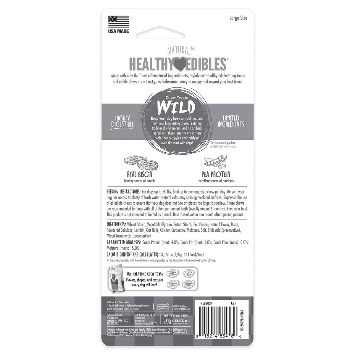 Nylabone Healthy Edibles package back label for Wild real bison chew