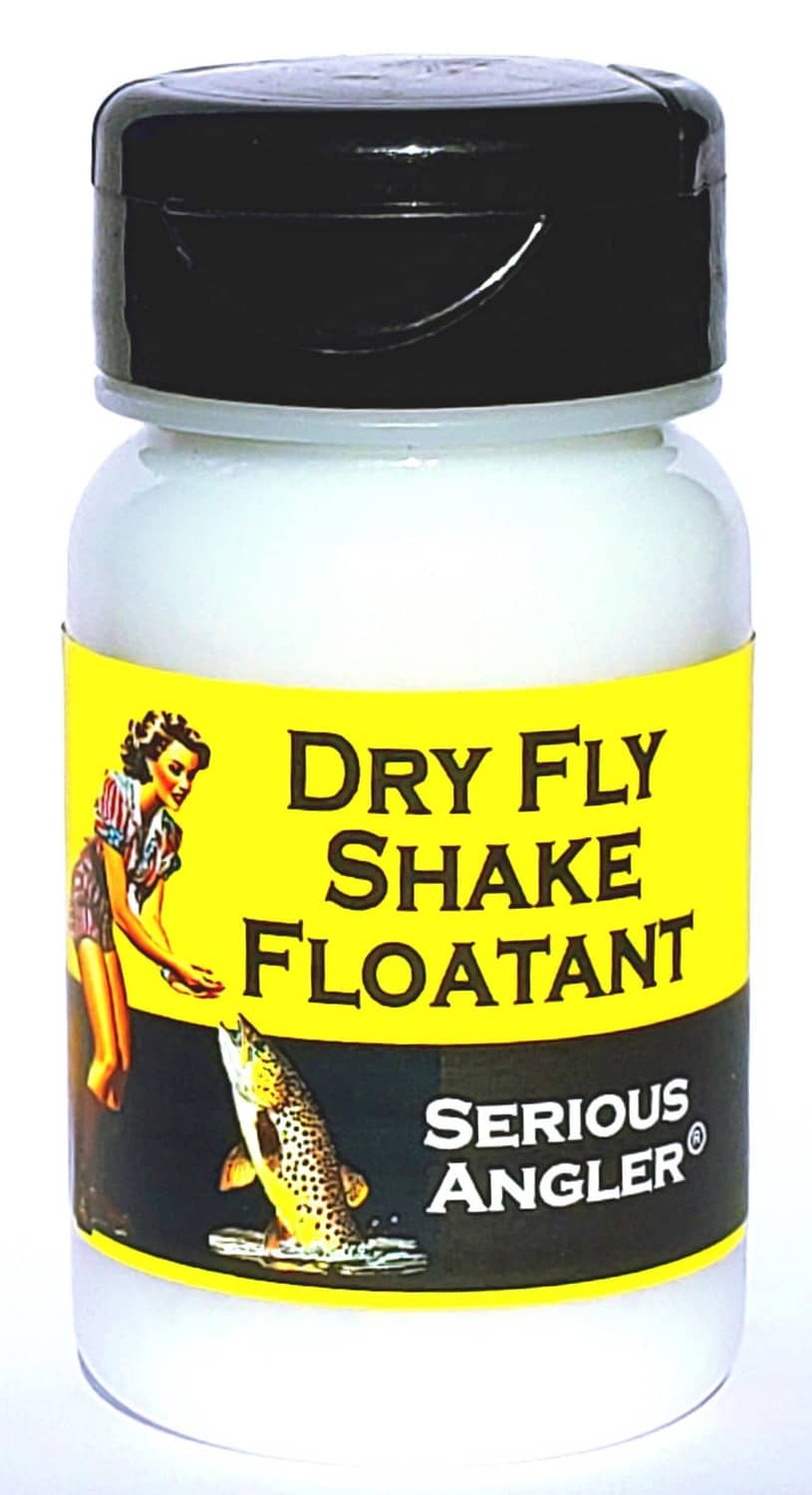 White floatant bottle with yellow DRY FLY SHAKE FLOATANT label and Serious Angler mark