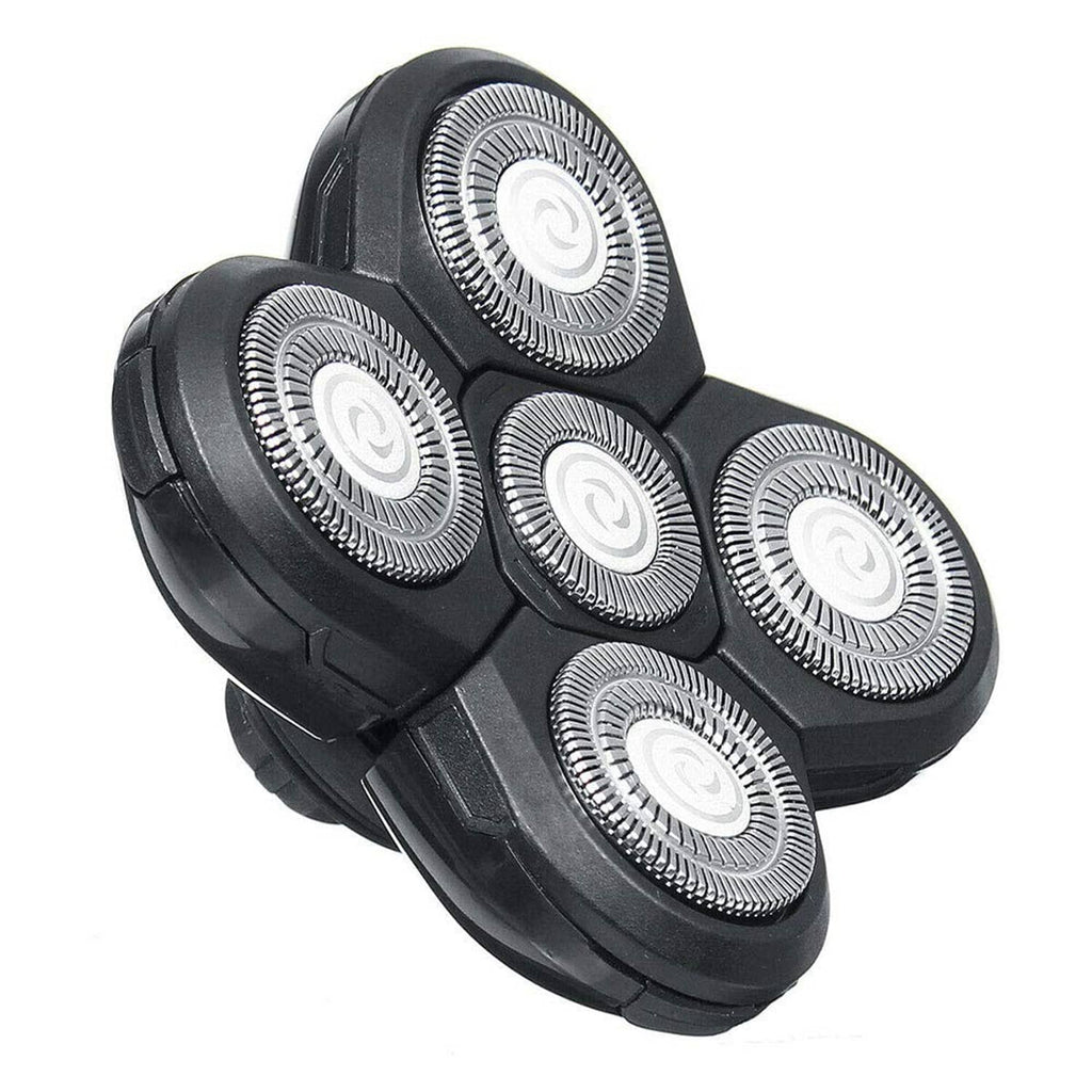 Five-pack electric razor replacement blades, five circular cutters in black housing