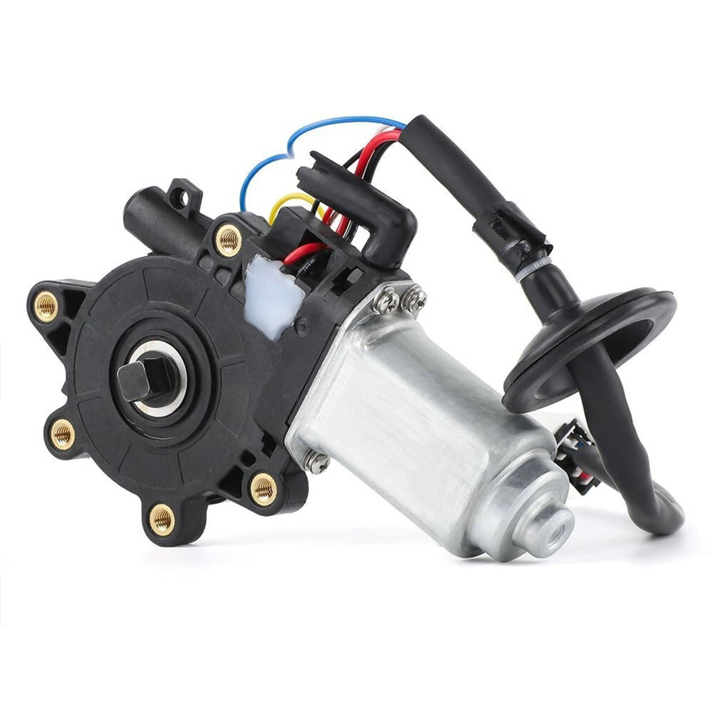 Front power window motor assembly, close-up, black motor with metal cylinder and wire leads