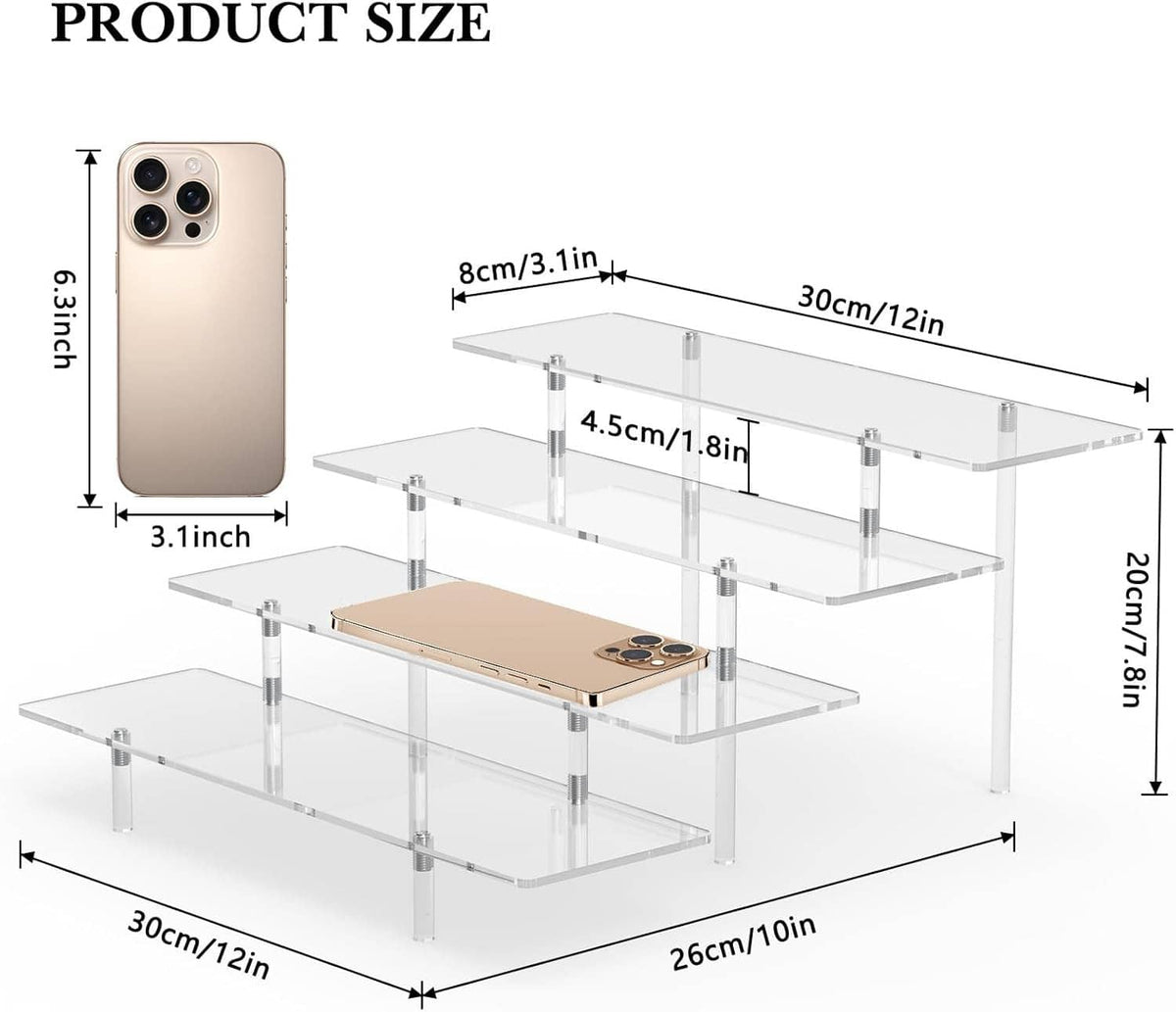4-tier acrylic display stand size diagram with shelf dimensions and example placement.