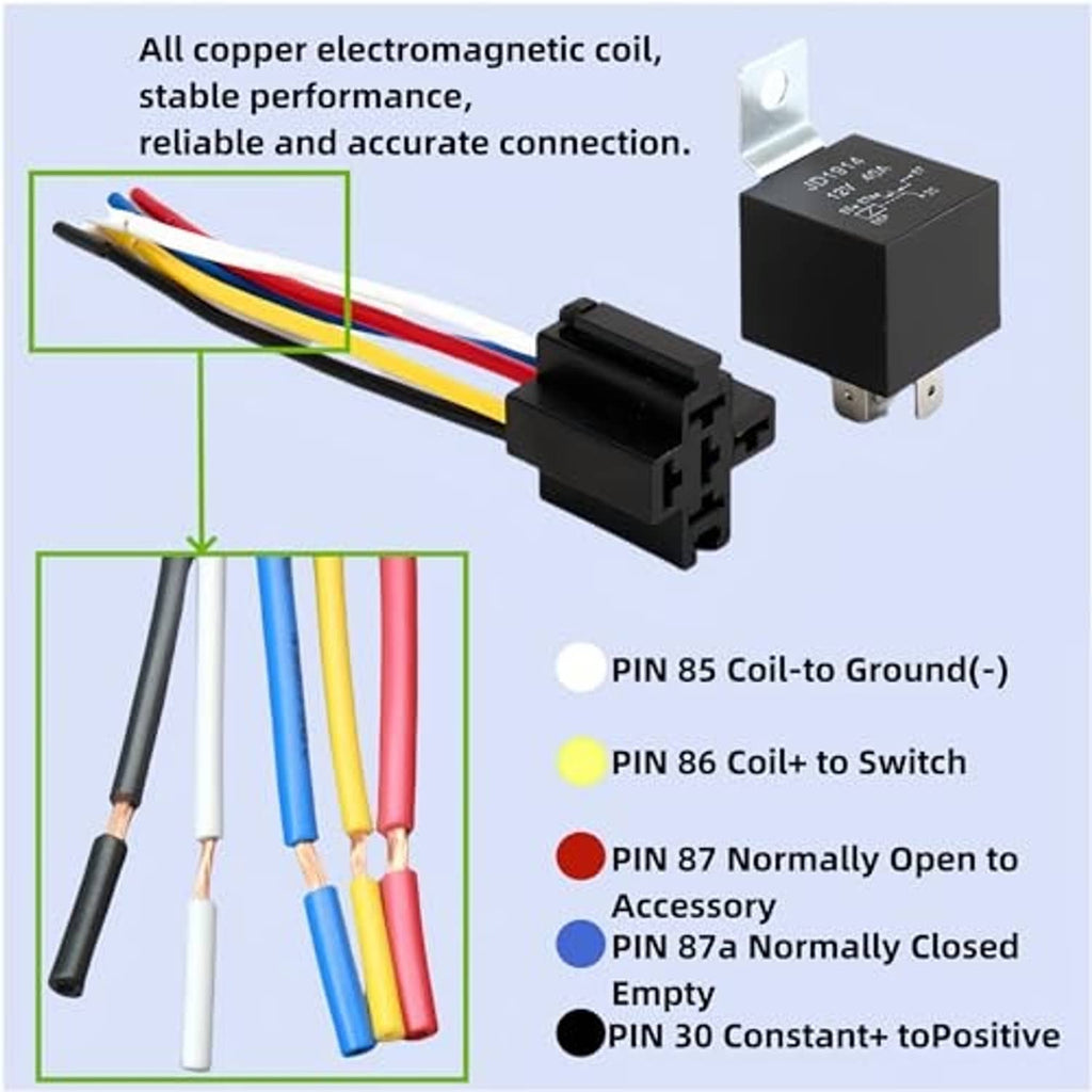 Black automotive relay with interlocking harness and multi-pin colored wire leads