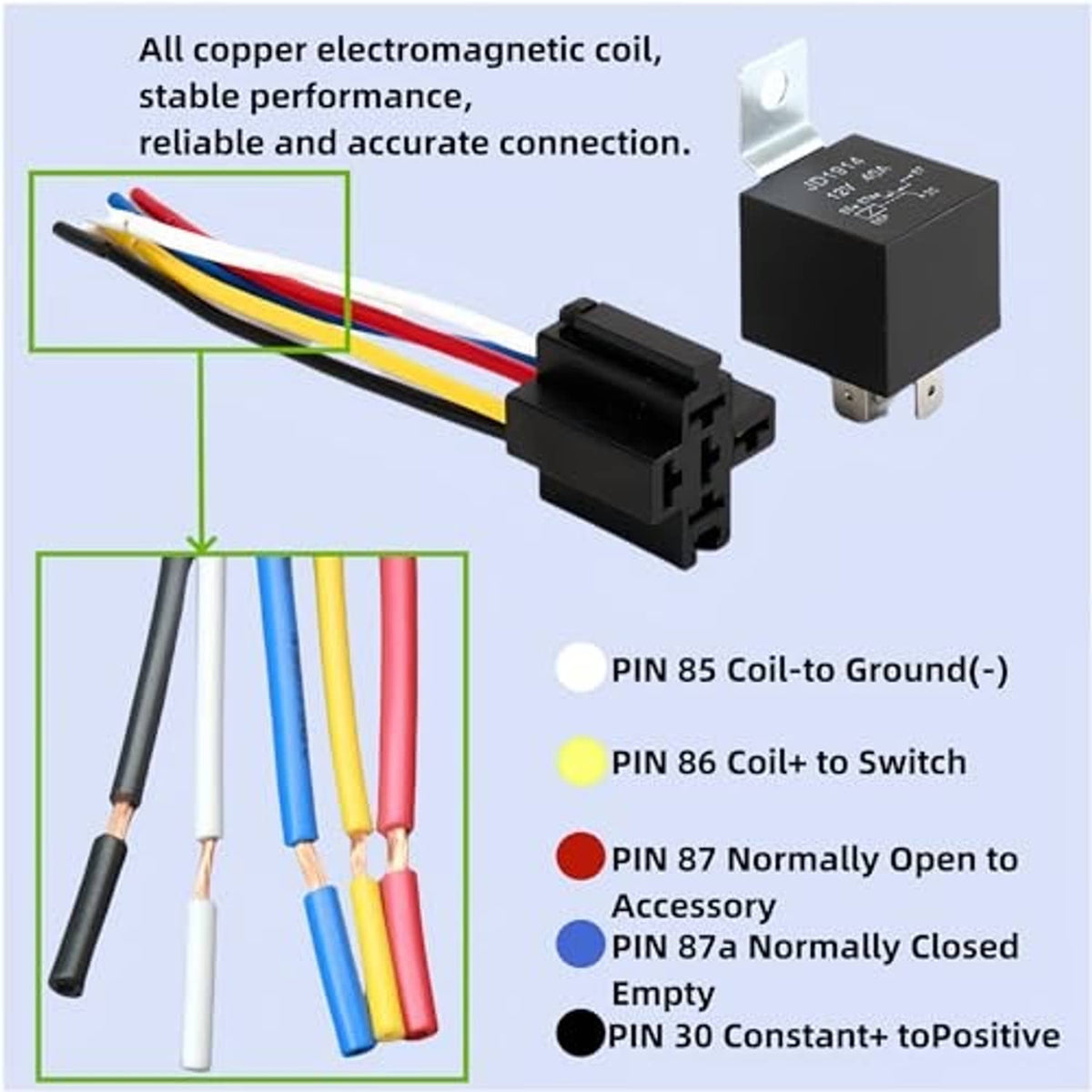 Black automotive relay with interlocking harness and multi-pin colored wire leads