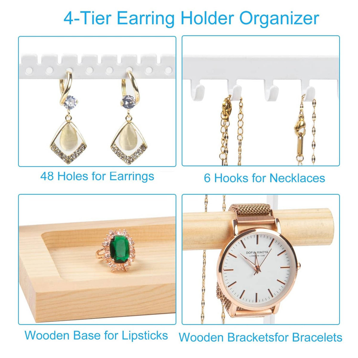4-tier earring holder with 48 holes for earrings and 6 hooks for necklaces, bamboo stand