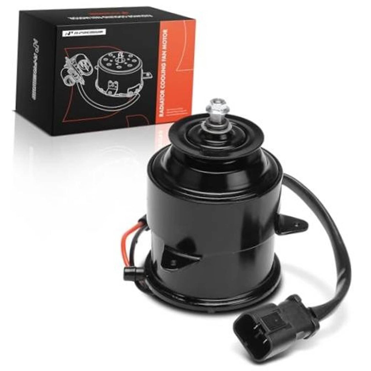 Black radiator fan motor assembly with mounting bracket, wire leads, and electrical connector