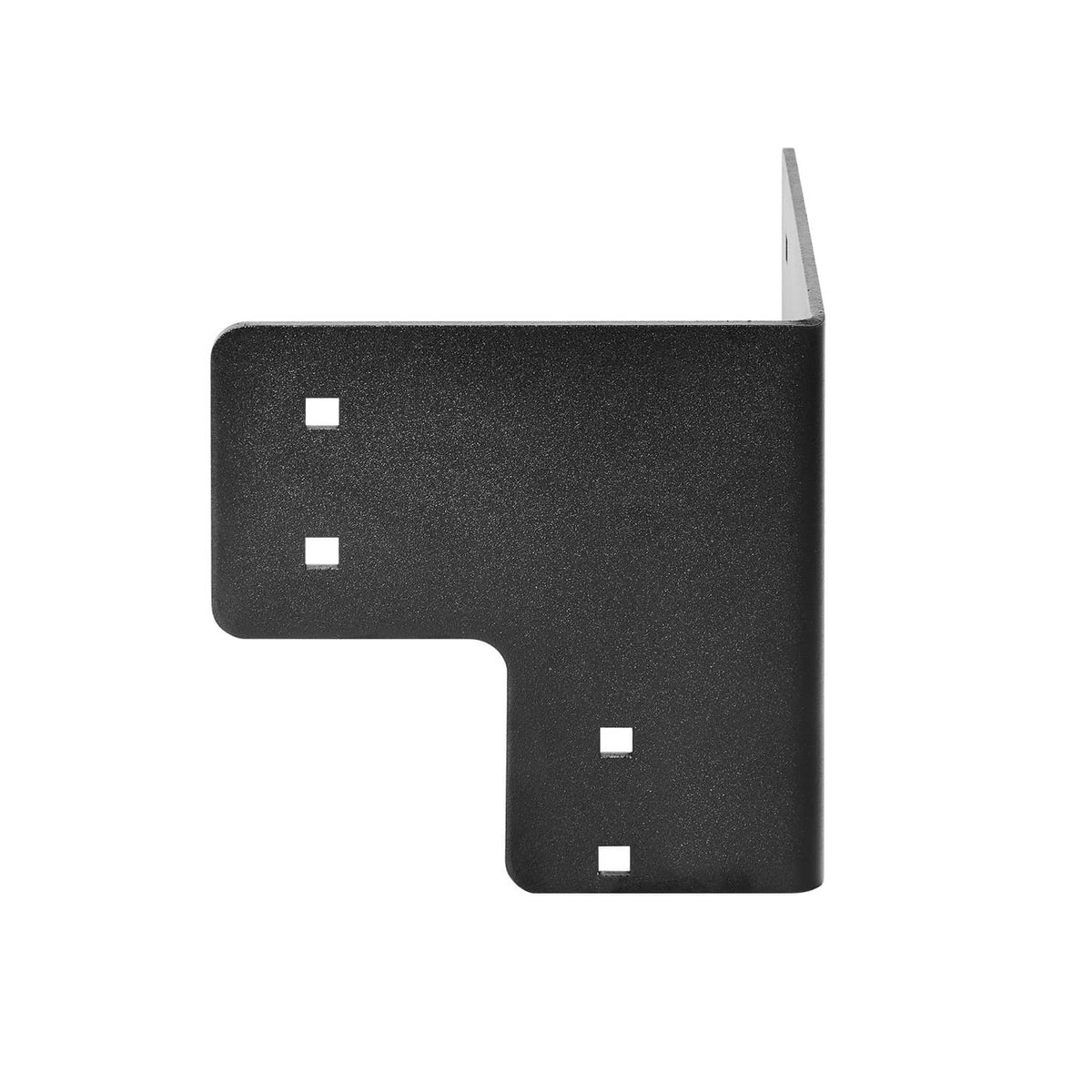 Black steel corner bracket with four square predrilled points and L-shaped profile