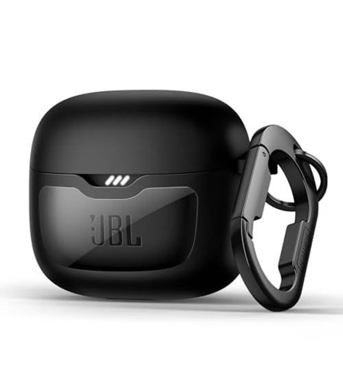 Rugged black JBL earbuds bumper case with carabiner ring, side view