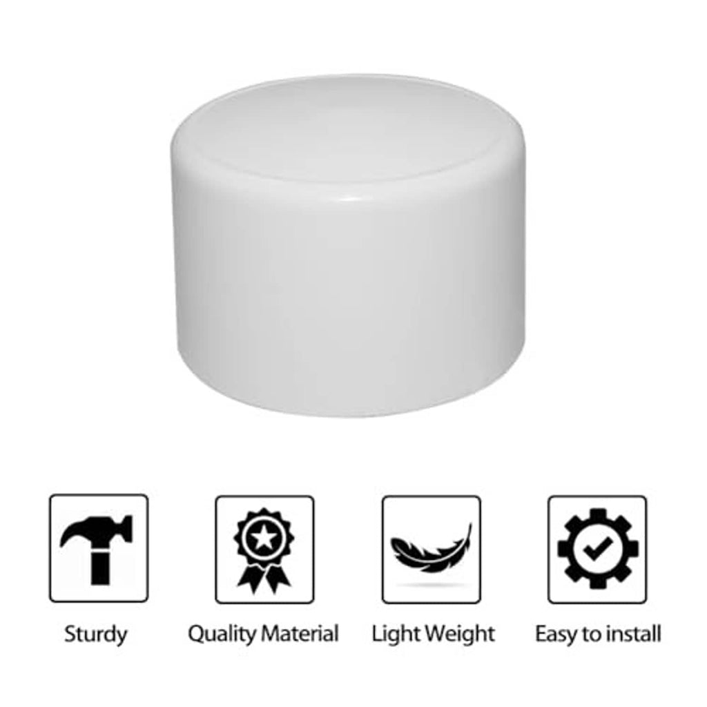 Single white PVC pipe end cap fitting, smooth cylindrical cap plug