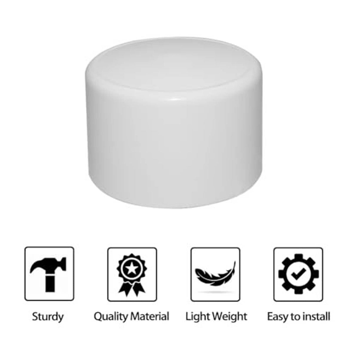 Single white PVC pipe end cap fitting, smooth cylindrical cap plug