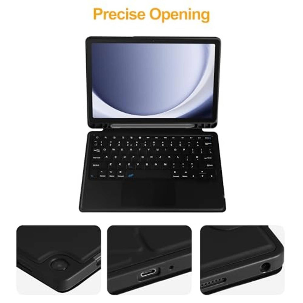 Black tablet keyboard case with keyboard open view and side port cutouts