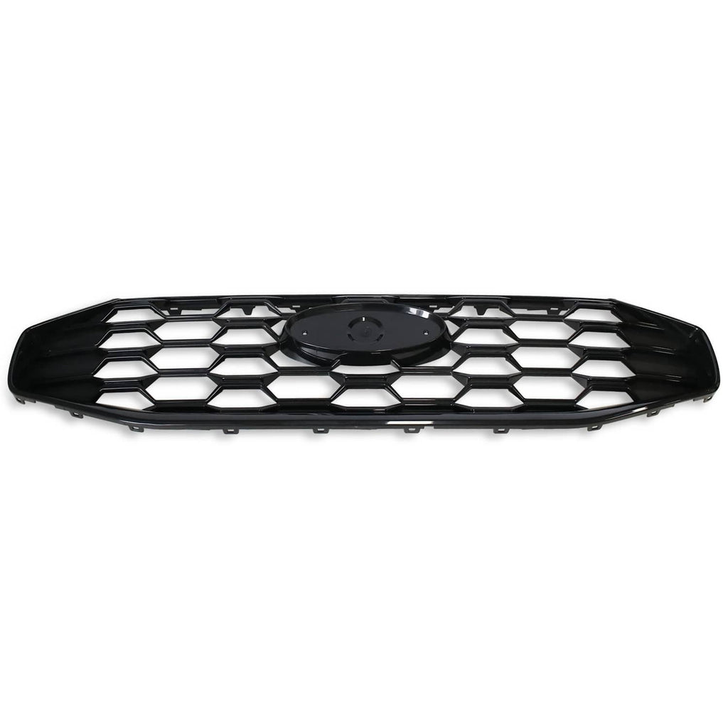 Black front grille with hex-pattern mesh and central oval emblem cover