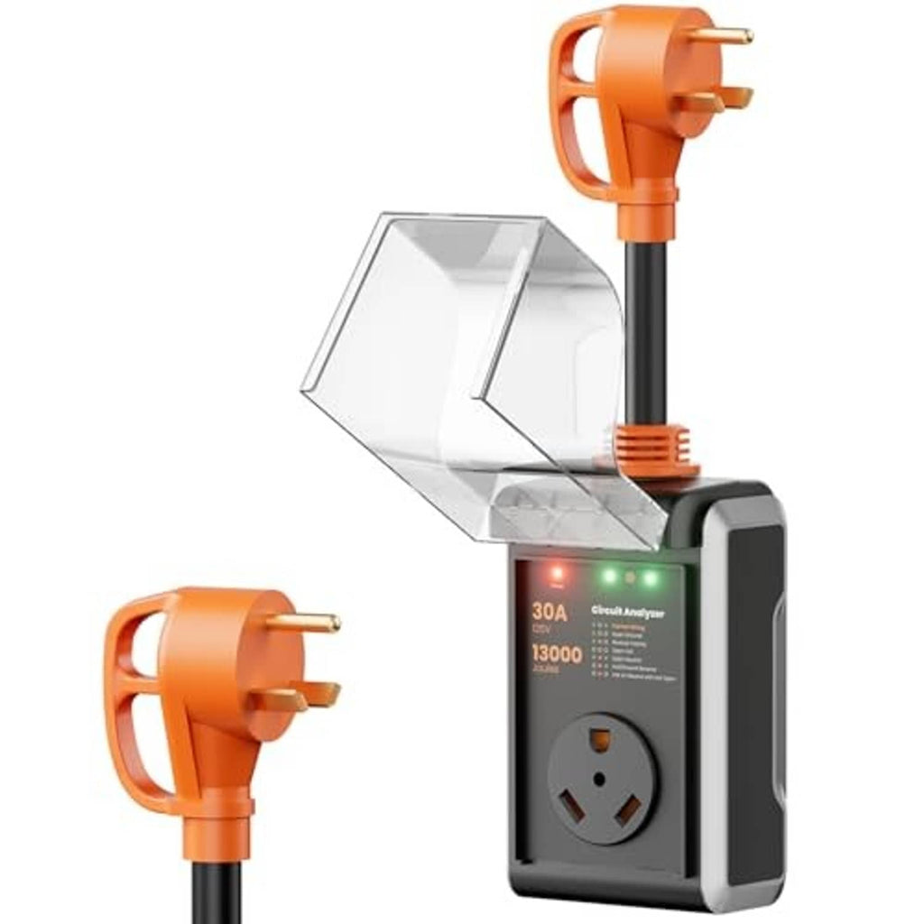 RV surge protector with orange plug and clear side cover, showing LED indicator lights