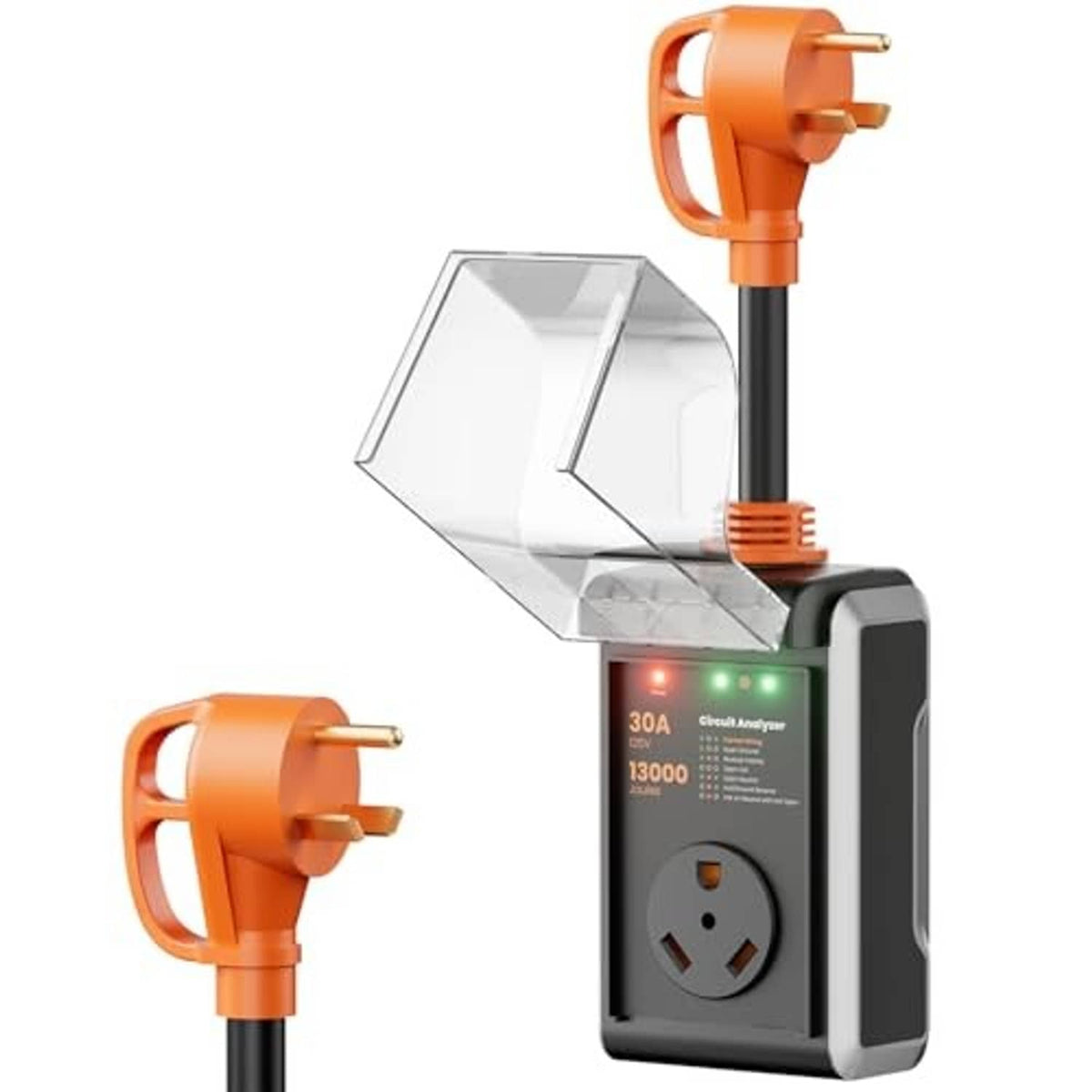 RV surge protector with orange plug and clear side cover, showing LED indicator lights