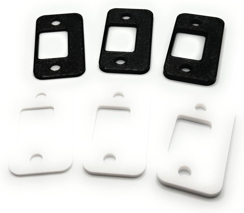 Black and white door strike shims set of three with mounting holes and cutouts