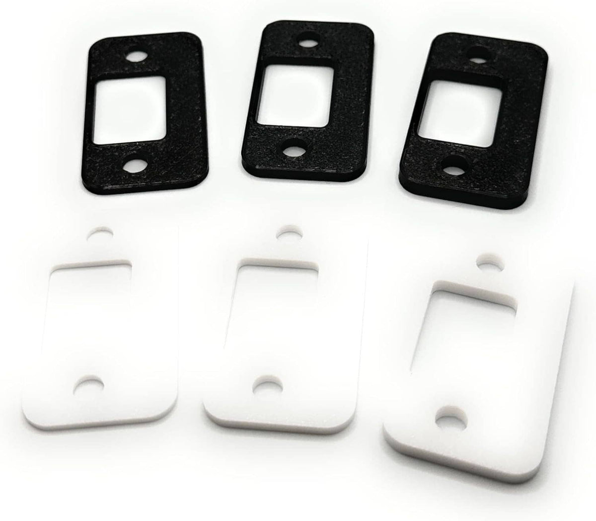 Black and white door strike shims set of three with mounting holes and cutouts