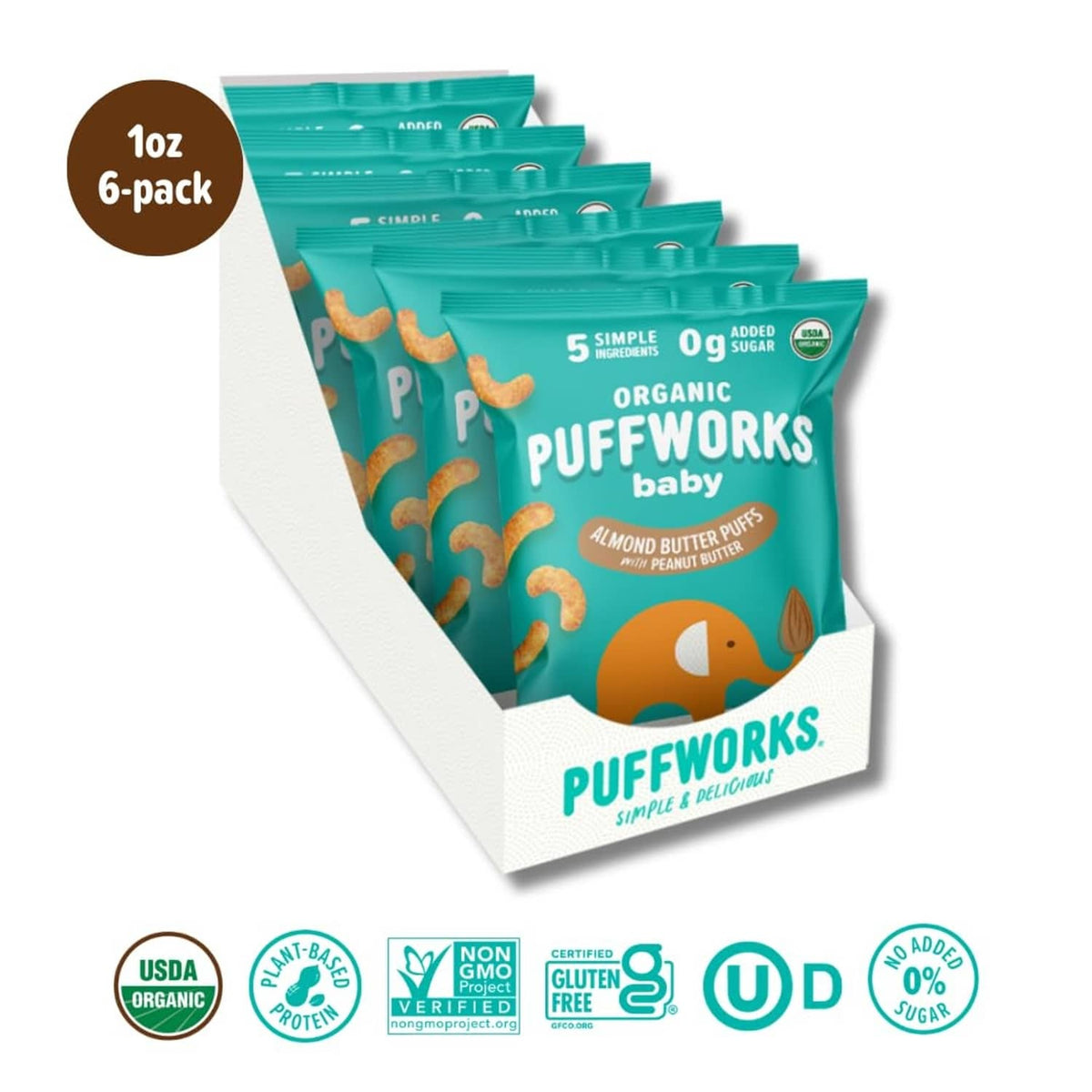 Pack of organic baby almond butter puffs, multiple teal snack bags displayed