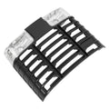 Black ABS vehicle grille with two rectangular clear headlight lenses and vent slats