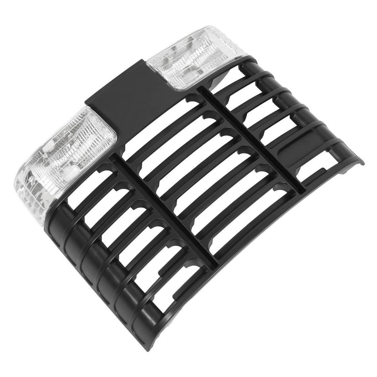 Black ABS vehicle grille with two rectangular clear headlight lenses and vent slats