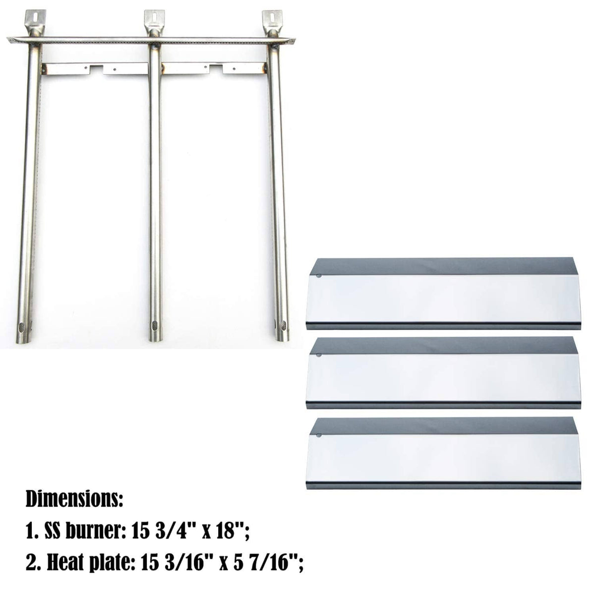 Grill burner frame with three heat plates, stainless replacement parts kit