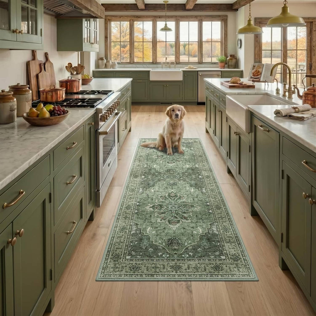 Rectangular green patterned washable area rug with decorative border, placed in a kitchen hallway