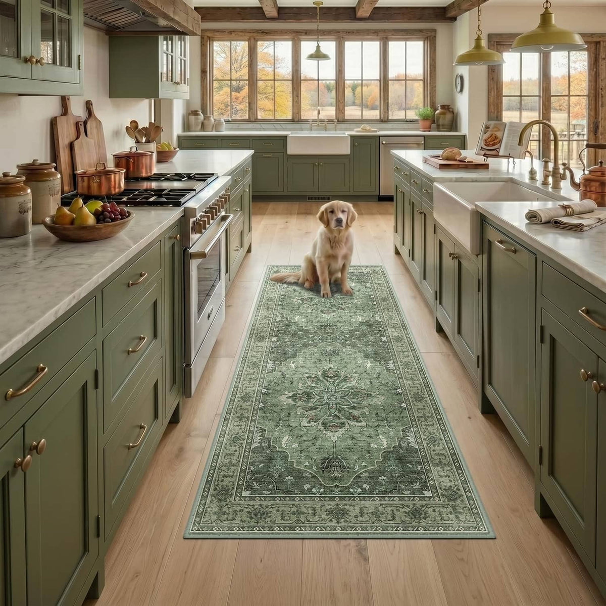 Rectangular green patterned washable area rug with decorative border, placed in a kitchen hallway