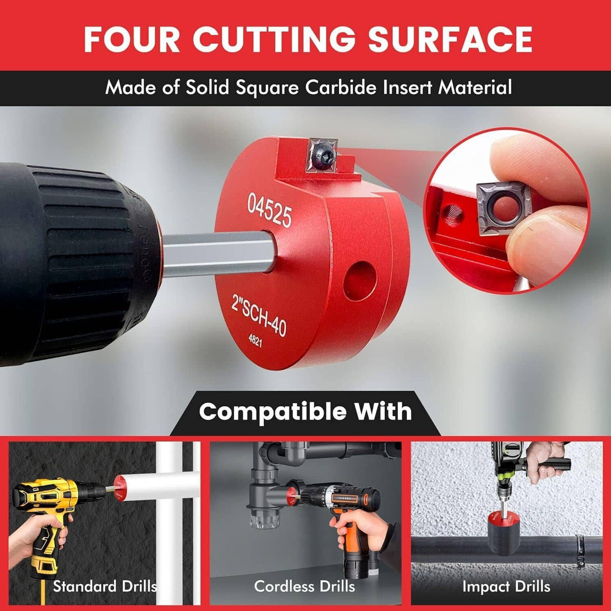 Pipe reamer with four cutting surfaces and solid square carbide insert