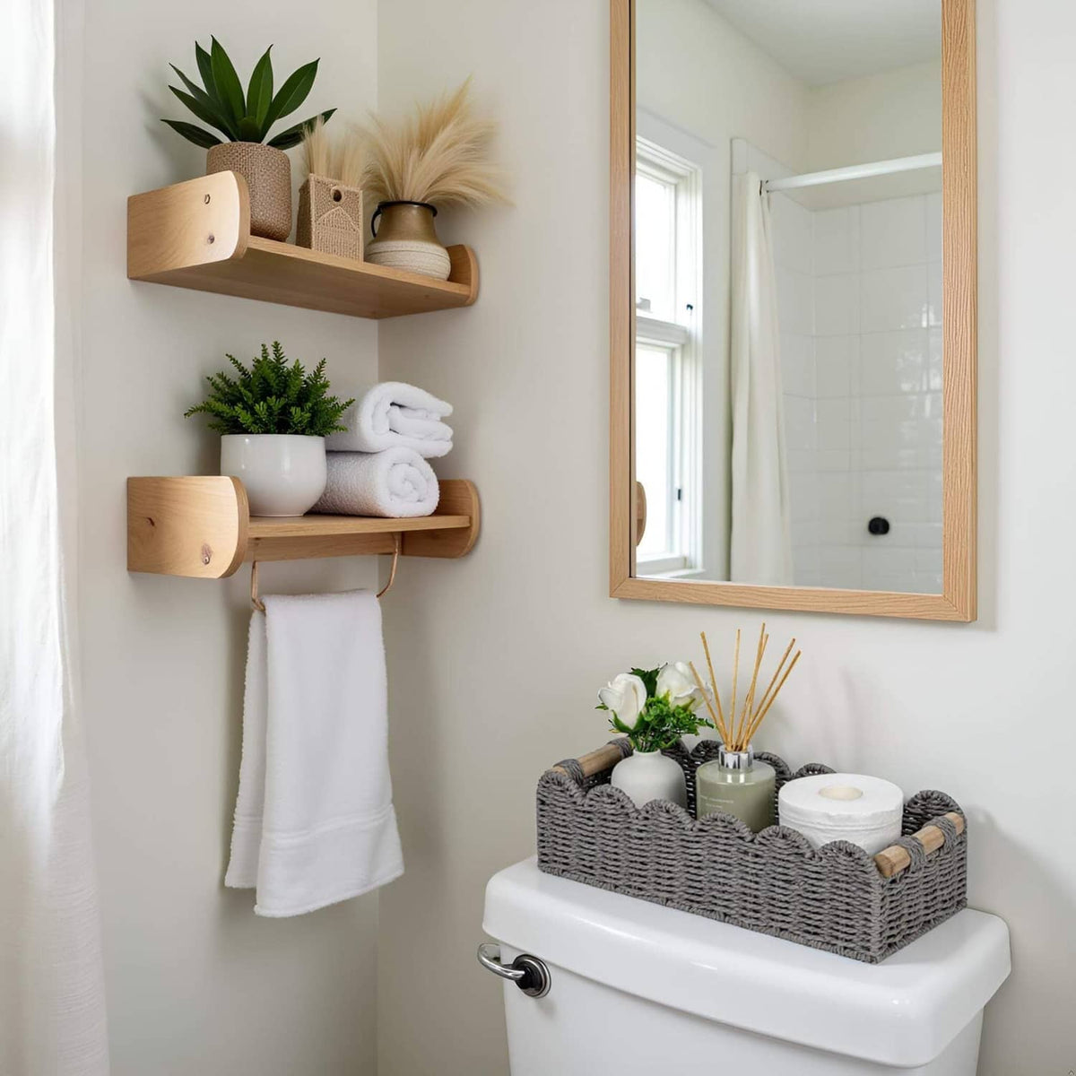 Grey scalloped toilet paper storage basket holding toiletries and a tissue roll, with wood handles.