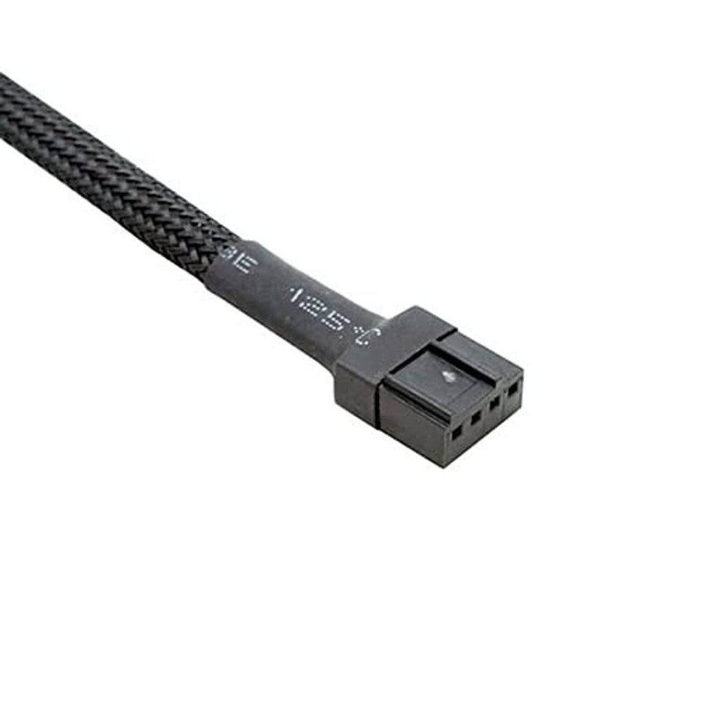 Black nylon braided 4-pin PWM connector with 4-pin housing on fan splitter cable