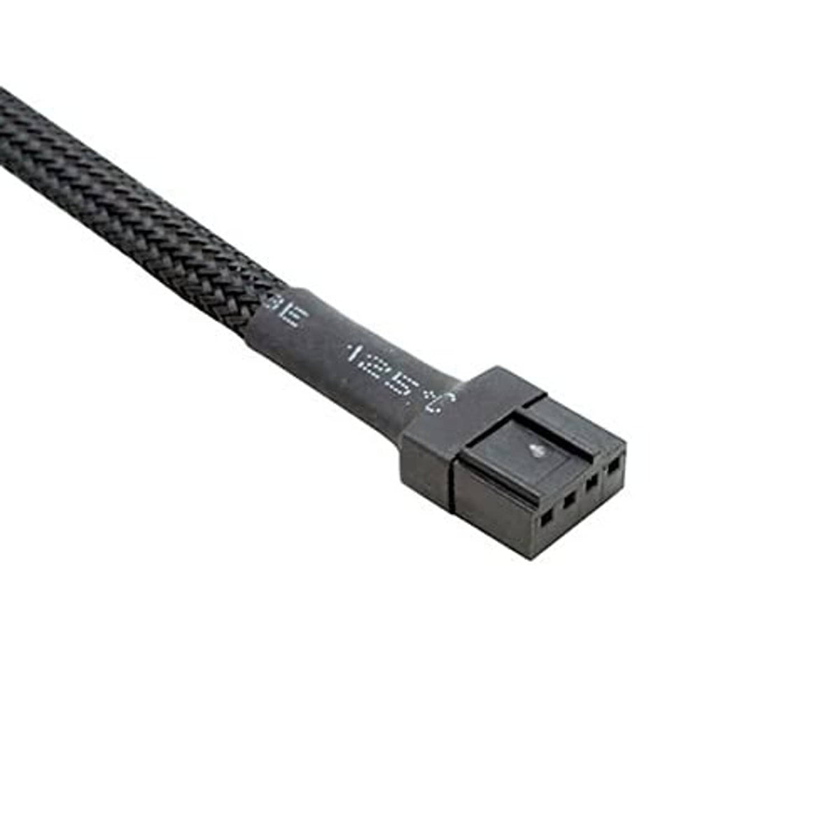 Black nylon braided 4-pin PWM connector with 4-pin housing on fan splitter cable