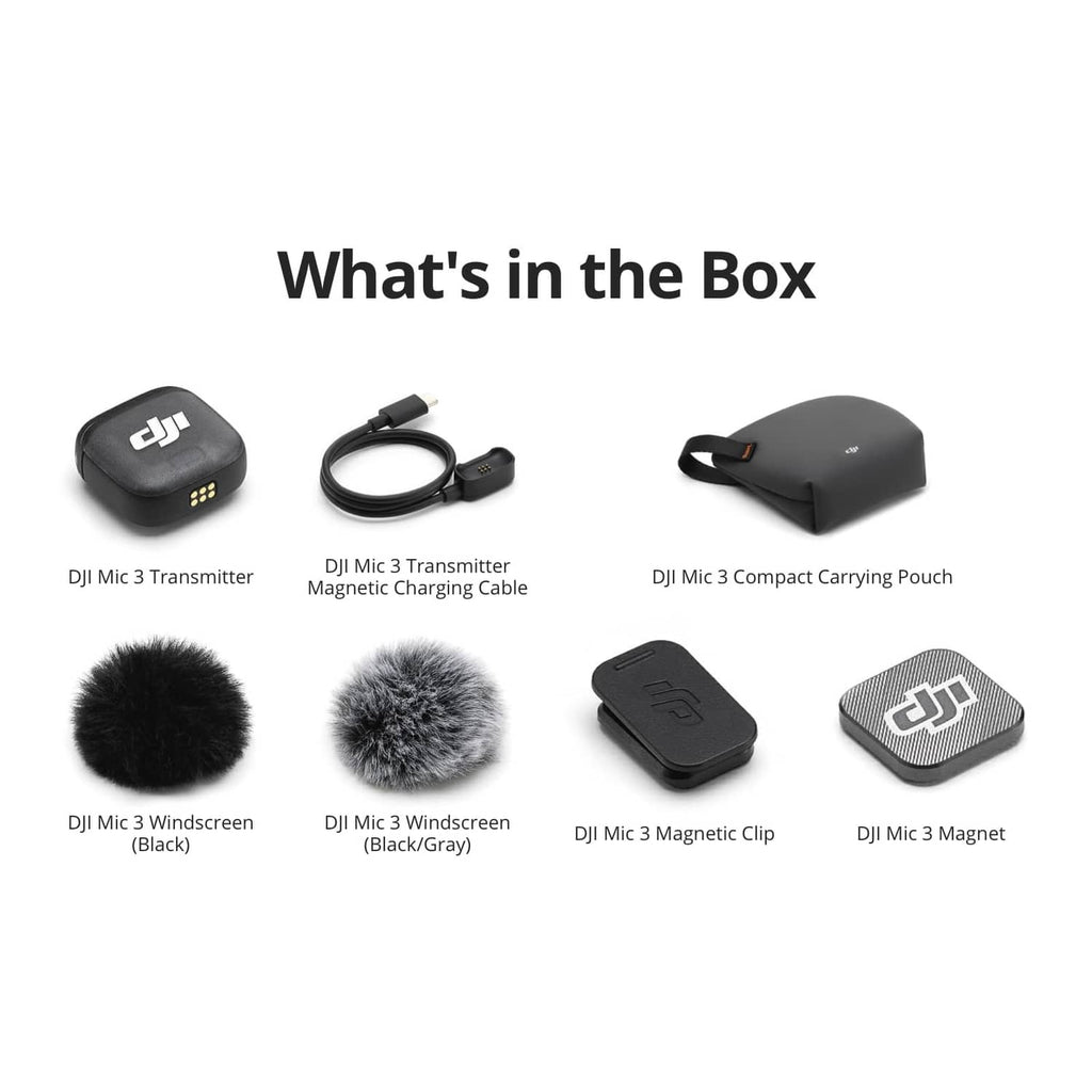 Black DJI Mic 3 transmitter listed in “What’s in the box” with accessories.