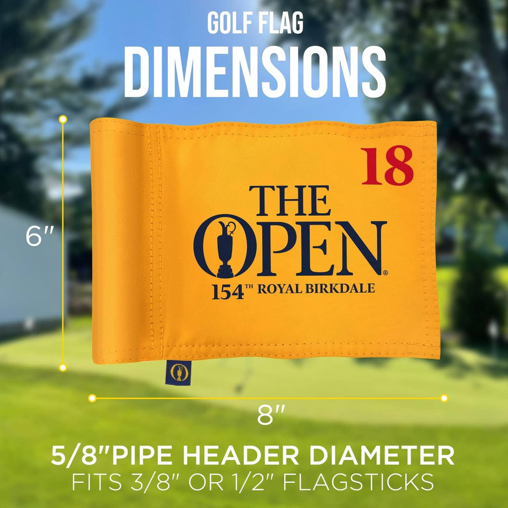 Miniature golf flag, orange-yellow with The Open 18 logo and gold header