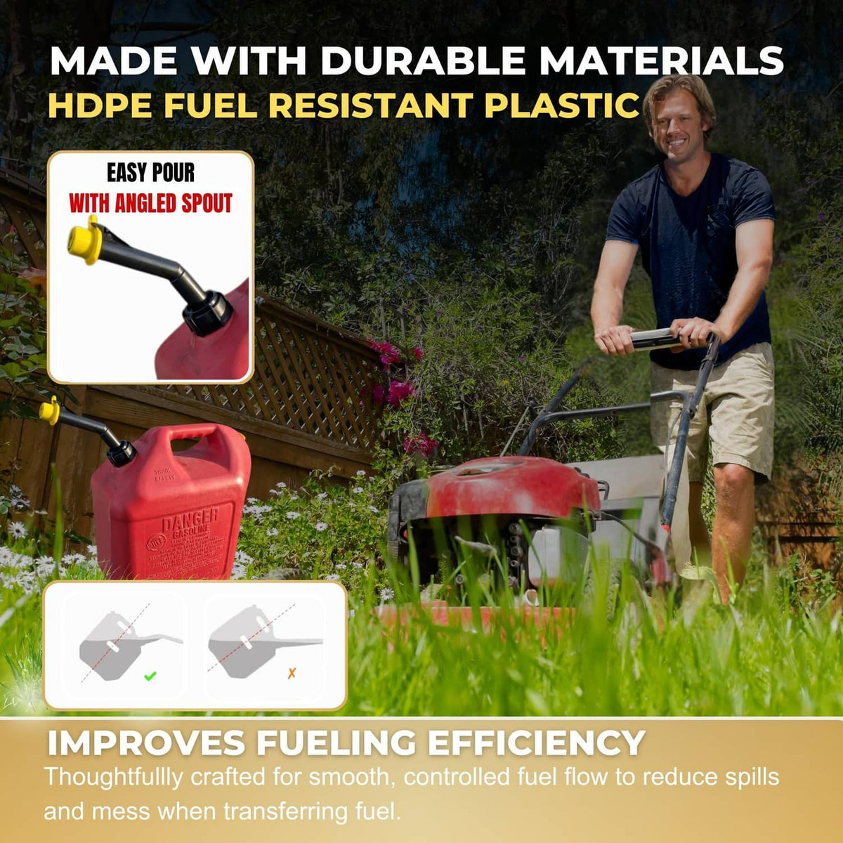Yellow spout replacement on a red fuel container with angled black nozzle