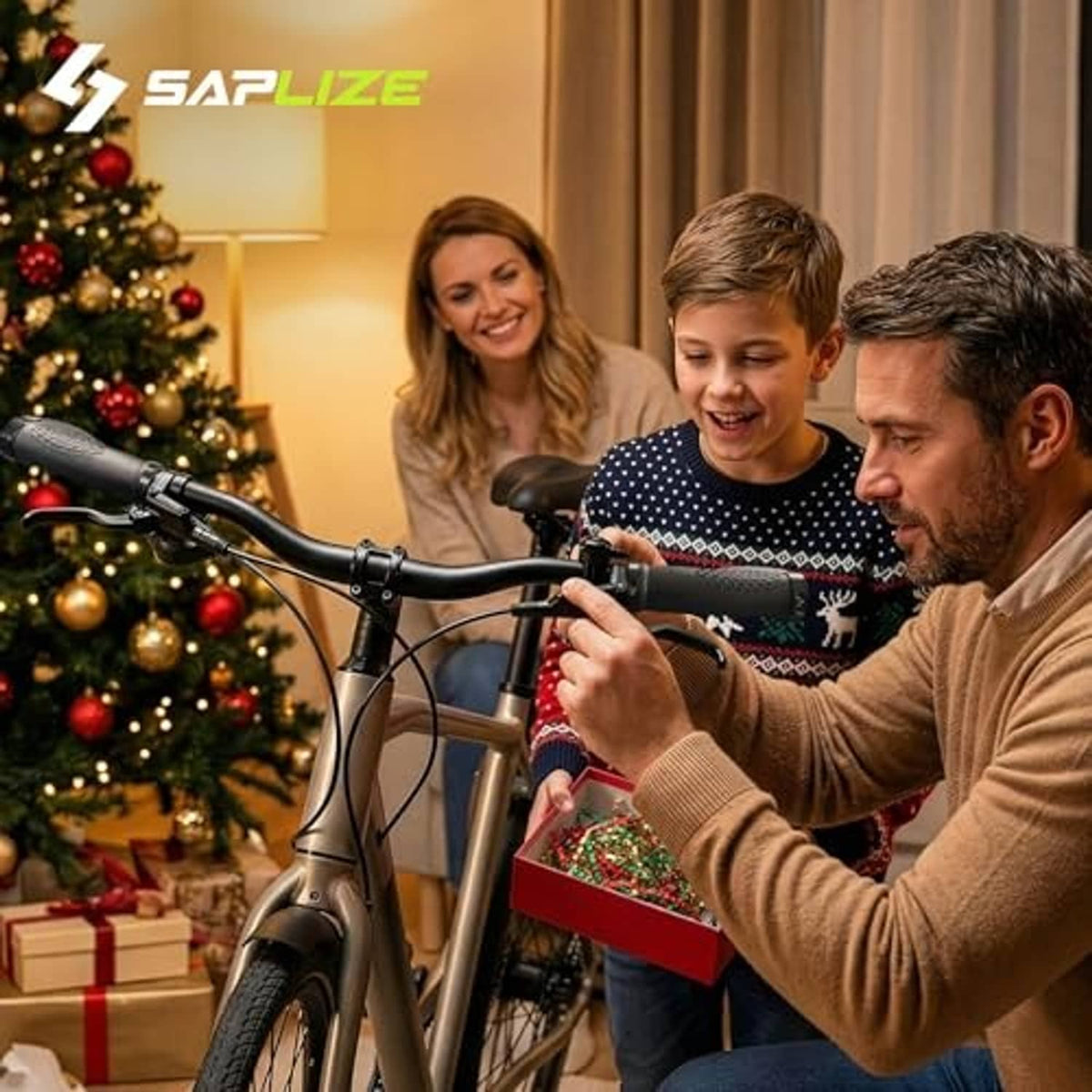 Black bike handlebar grips installed on a bicycle during a holiday moment