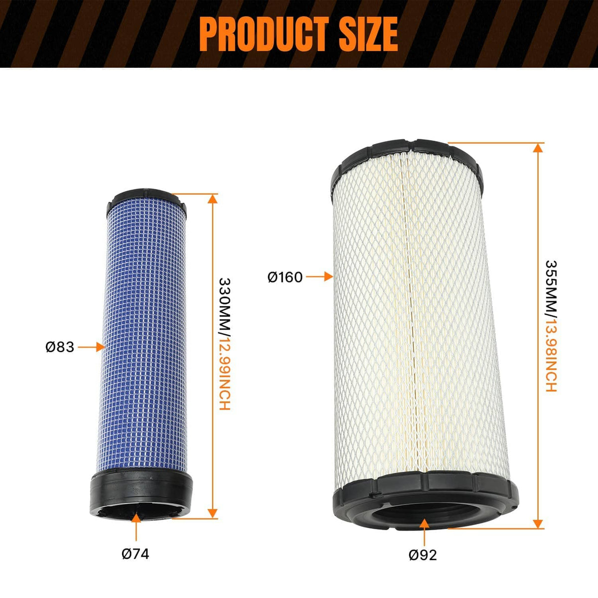 Set of cylindrical air filters with black end caps: one blue mesh, one white mesh.