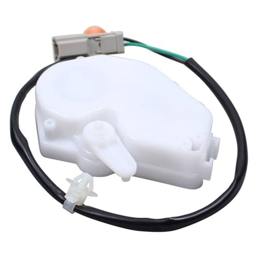 Door latch lock actuator with white housing and gray electrical connector on harness