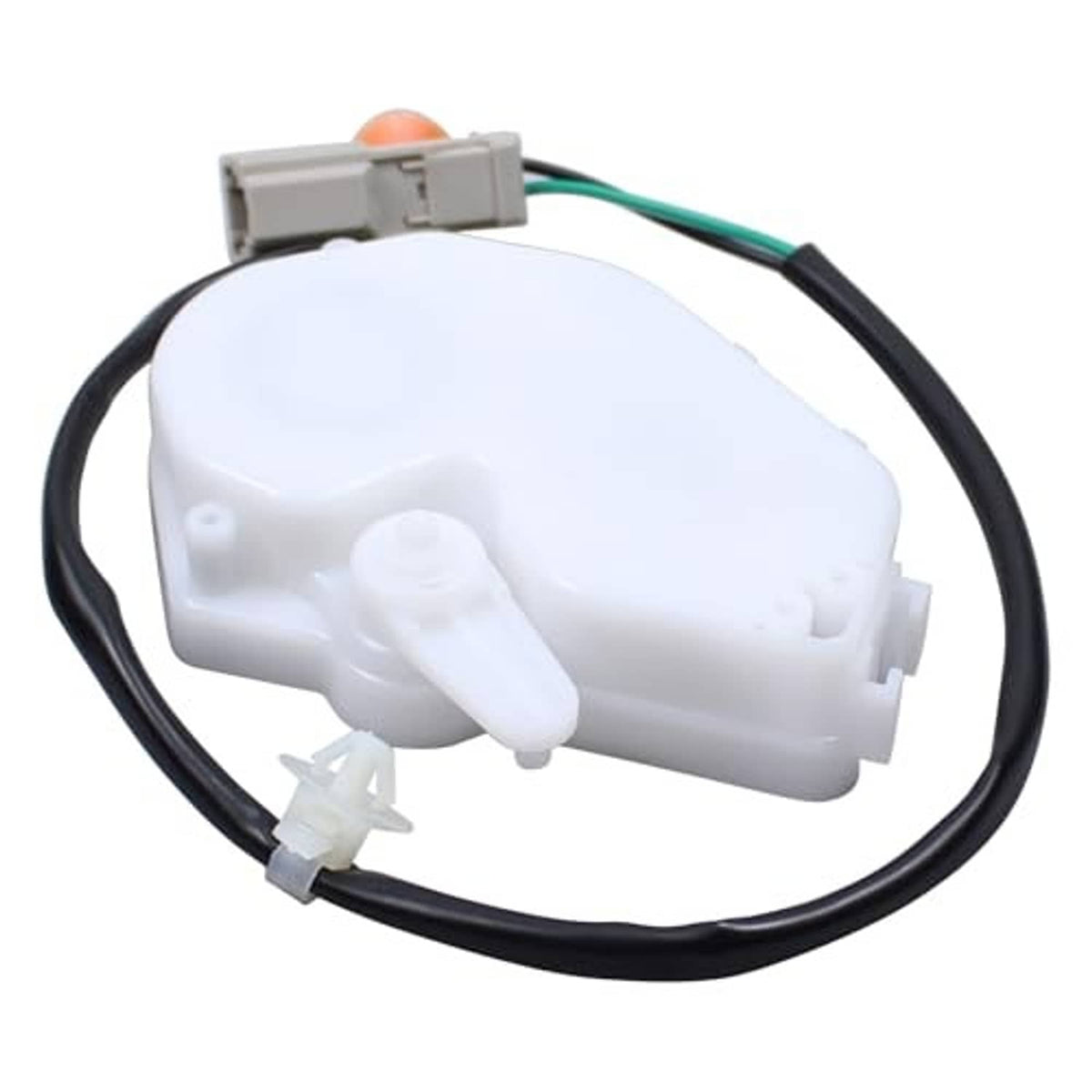 Door latch lock actuator with white housing and gray electrical connector on harness