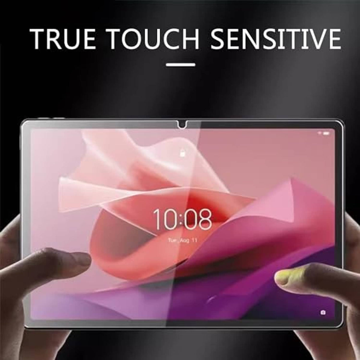 Tempered glass screen protector on a tablet screen, hands placed at the edges