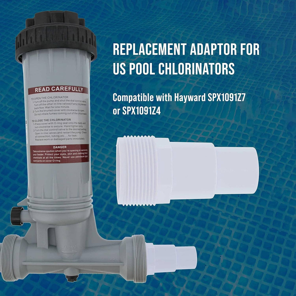 Universal combo hose adapter for pool chlorinators, white plastic with threaded ends