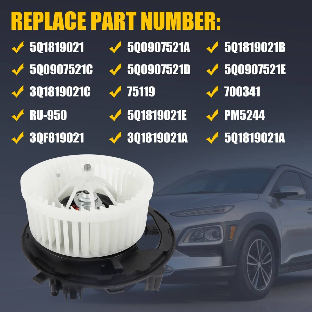 Heater blower motor assembly with white fan wheel and black housing
