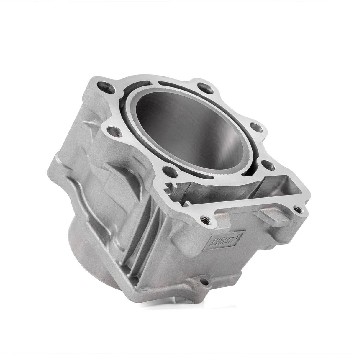 Aluminum cylinder block with bore opening and ports, silver metal finish