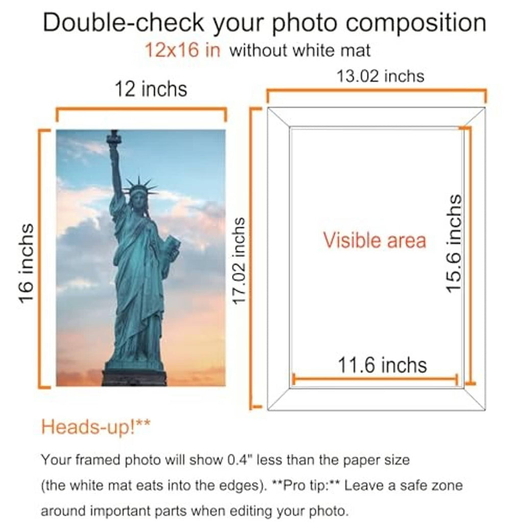 Brown picture frame diagram for 12x16 inches, opening labeled visible area