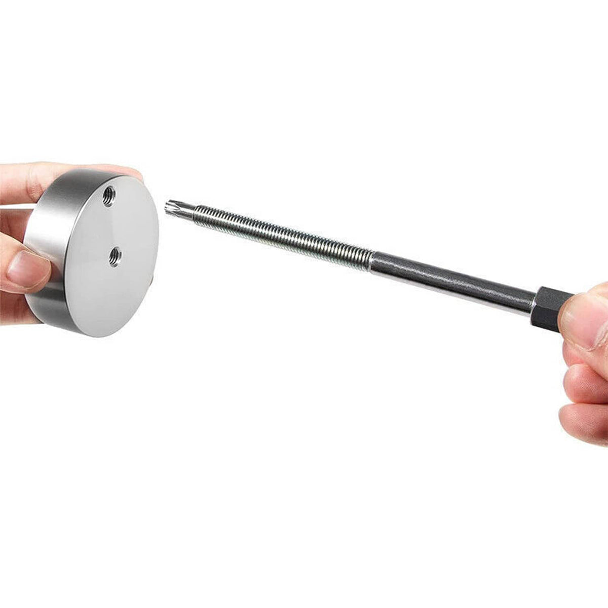 Belt puller clutch tool with circular plate and threaded rod held by hands
