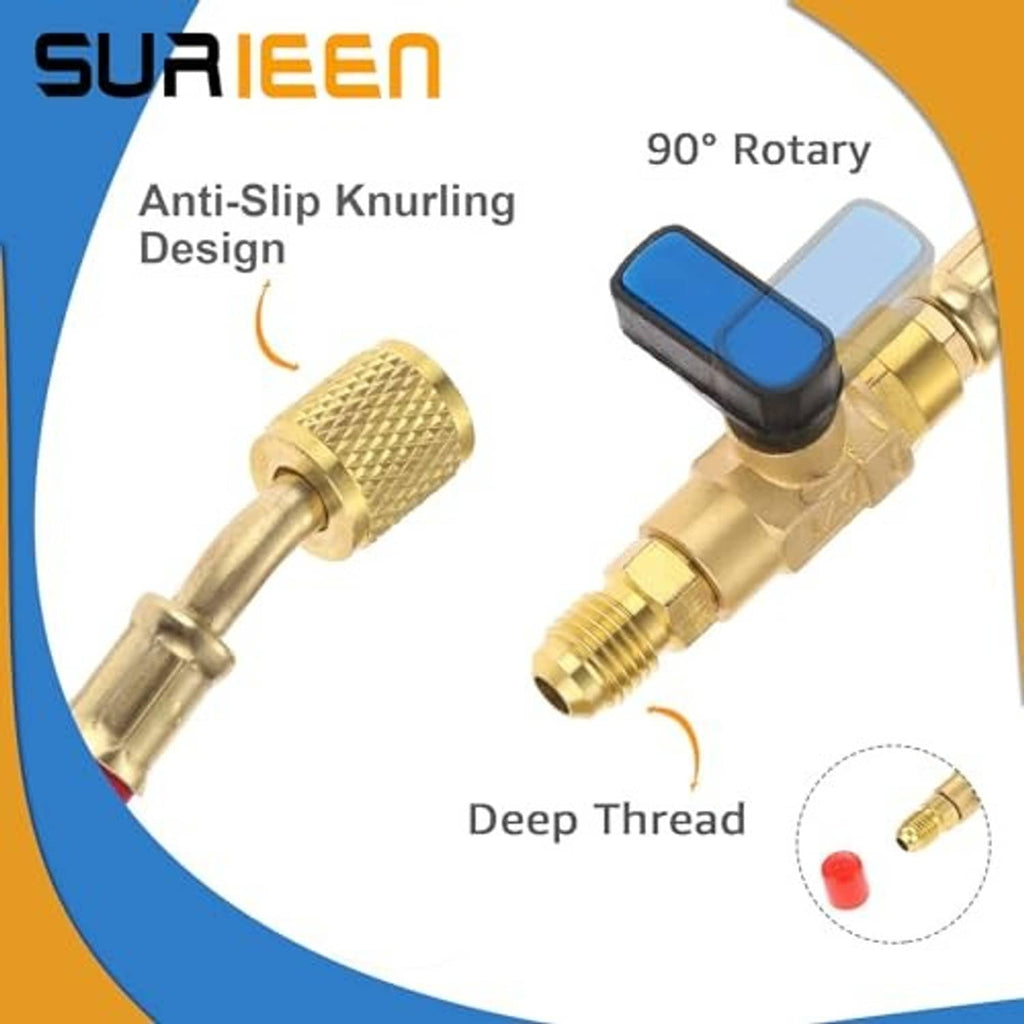 Brass refrigeration valve with knurled fitting on a blue hose