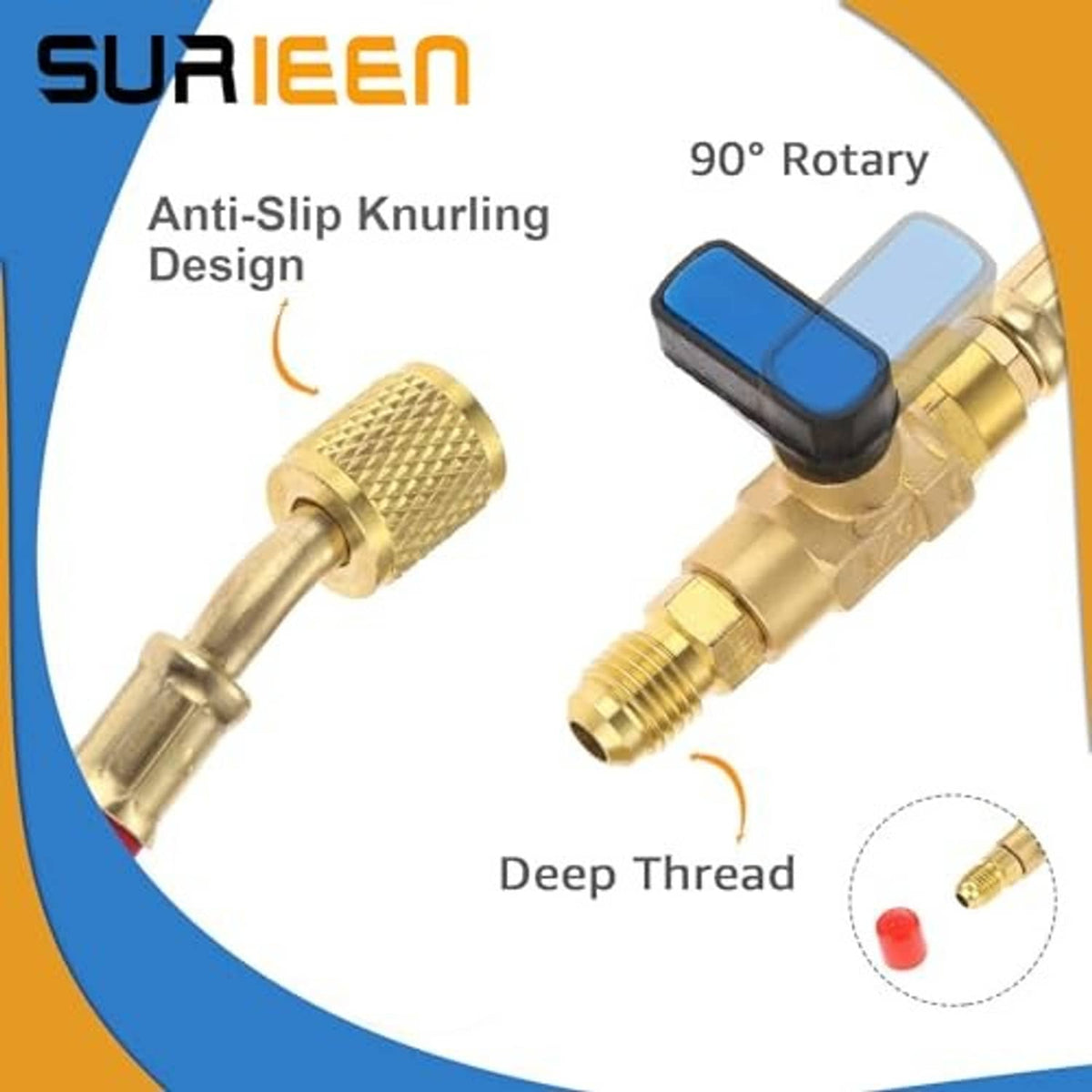 Brass refrigeration valve with knurled fitting on a blue hose