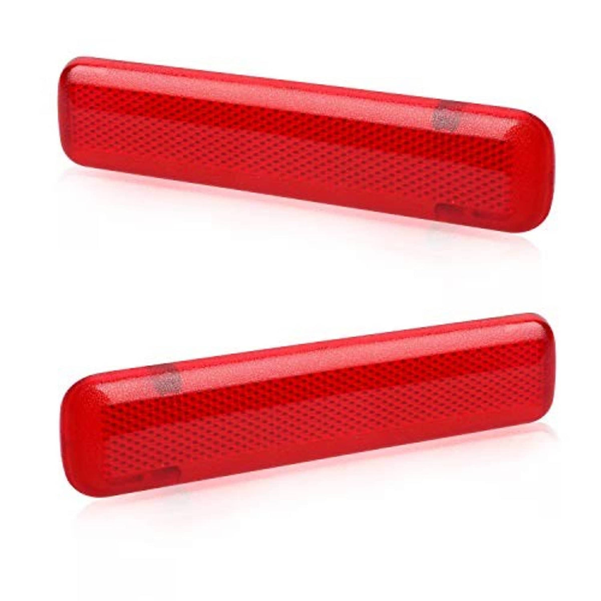 Red rear door reflector light cover trim panel pair, textured lens with frosted ends