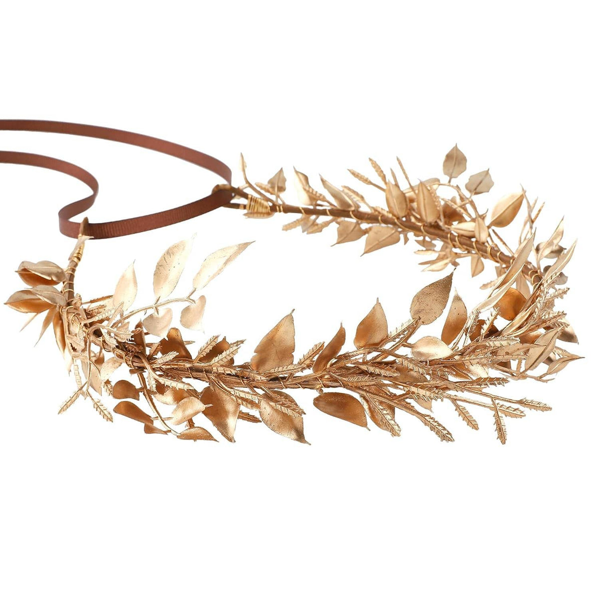 Gold leaf hair crown with gold-toned leaf clusters and a brown ribbon band