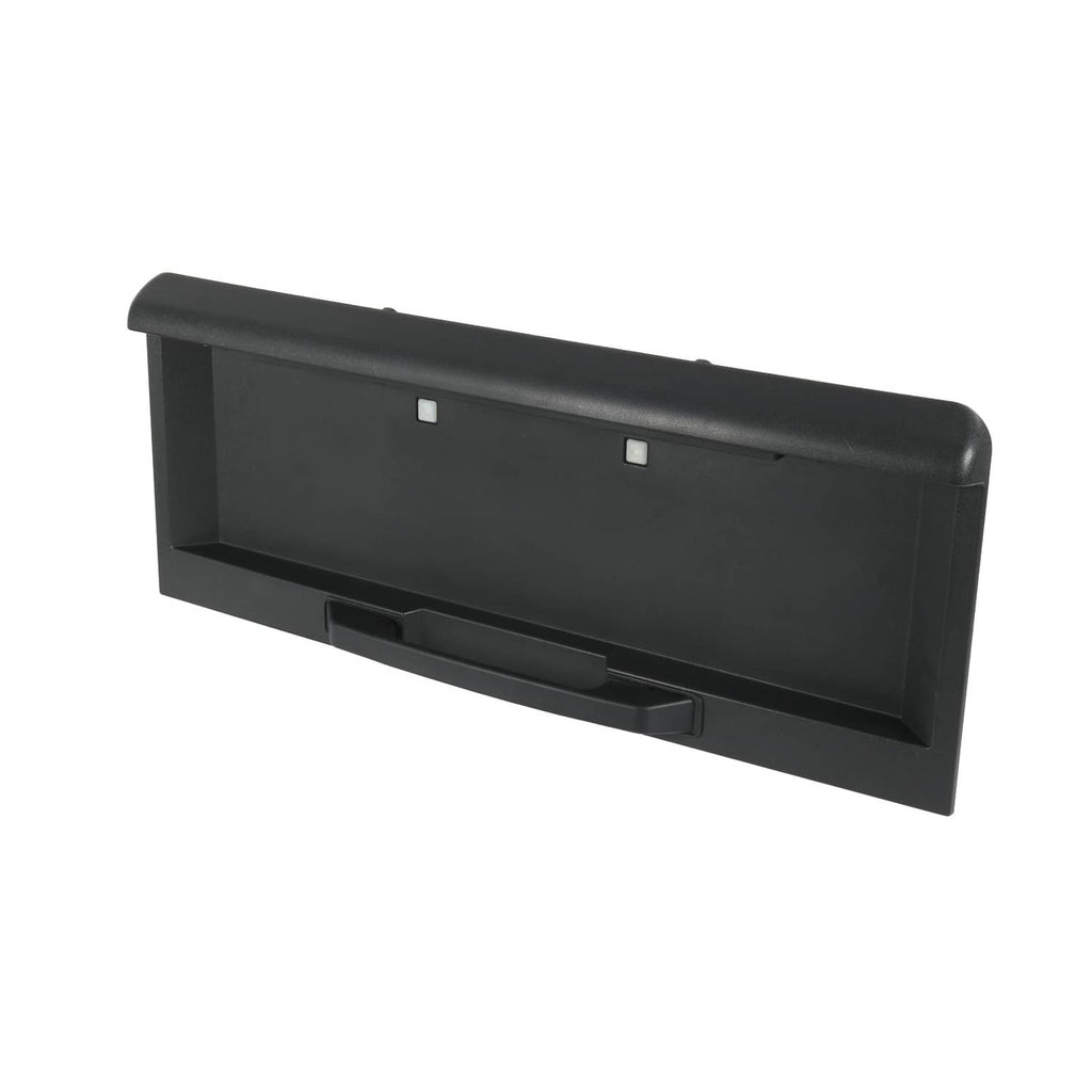 Rear tailgate license pocket side view with center latch, black plastic