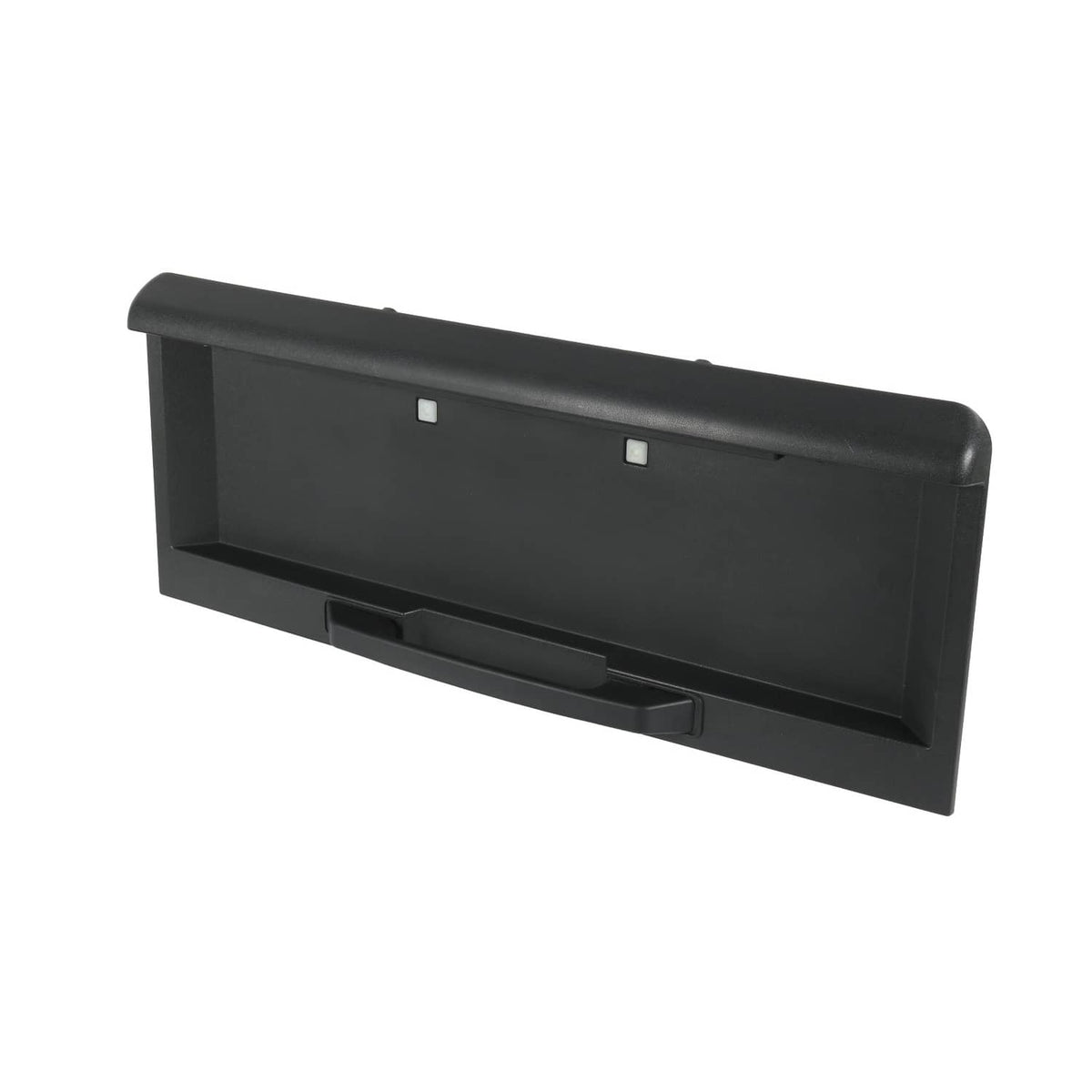 Rear tailgate license pocket side view with center latch, black plastic